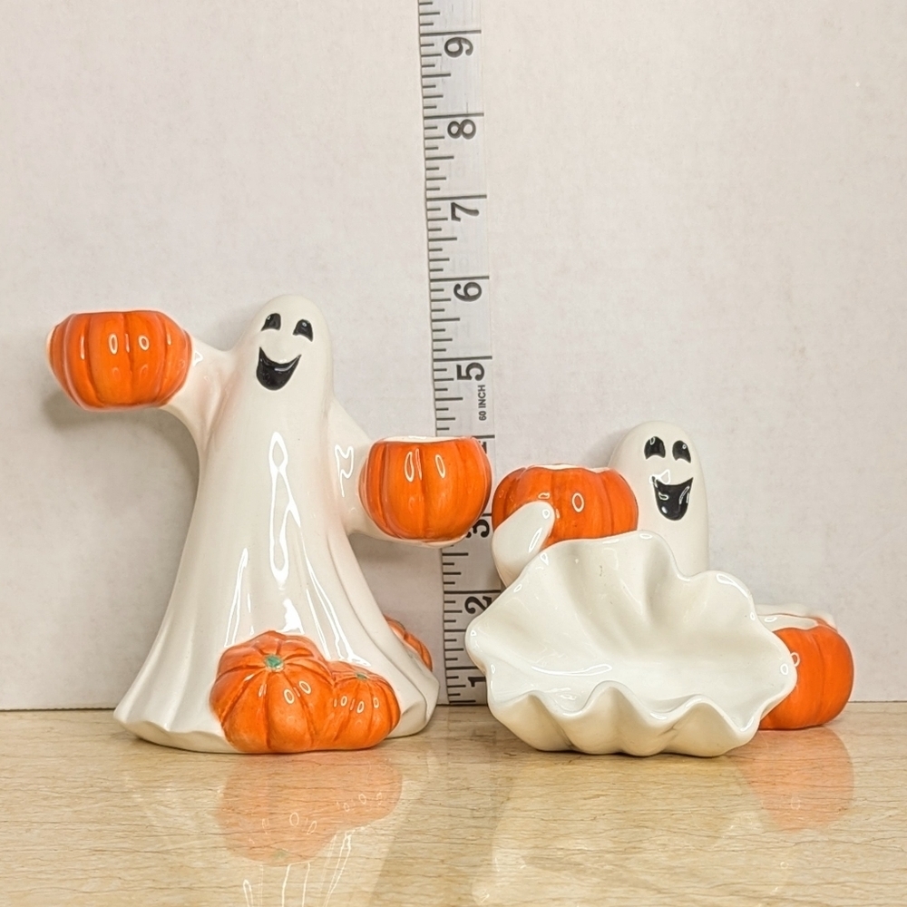 Vintage Fitz & Floyd Halloween Pair Ceramic Candle Holder Ghost Pumpkin Figurine - Picture 10 of 15